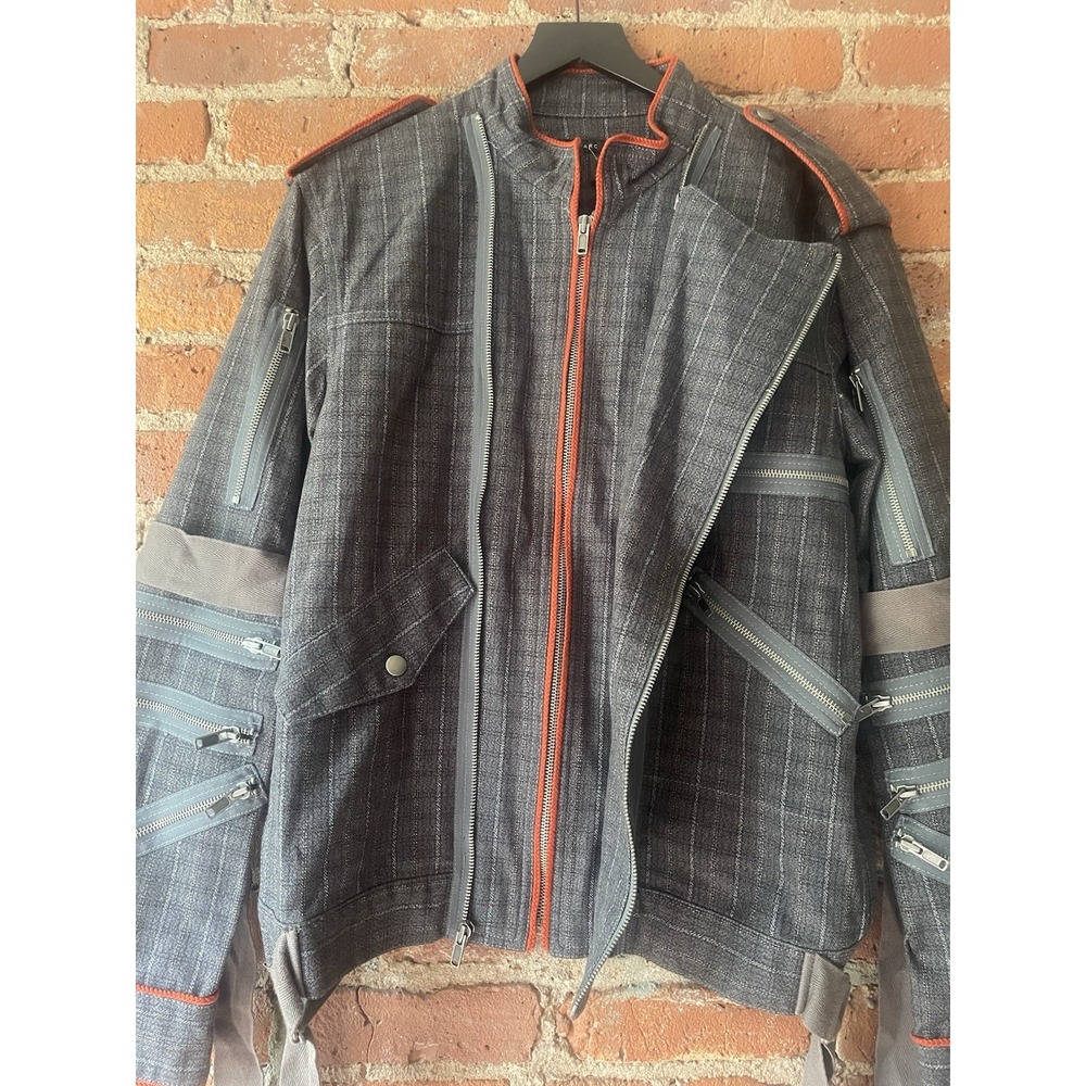 Marc Jacobs Vintage Denim Plaid Zipper Biker Jacket Sz L Mens Blue/ Gray/ Orange - Picture 9 of 16